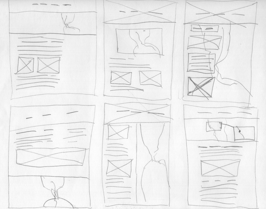 six pencil paper wireframes on paper for desktop view