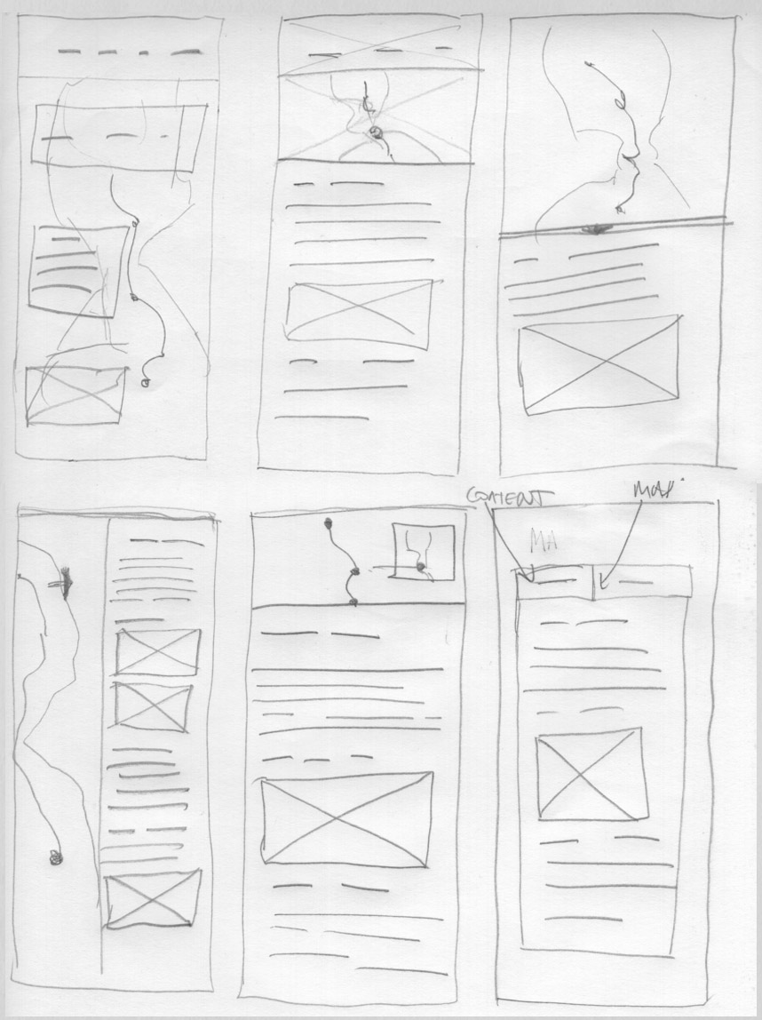 Six pencil wireframes on paper of mobile view