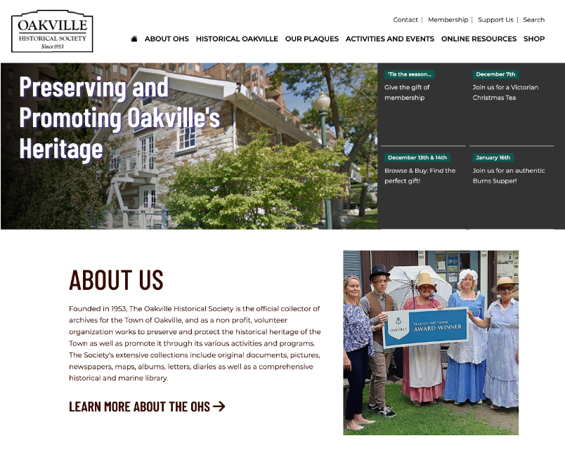 Screen capture of Oakville Historical Society index page