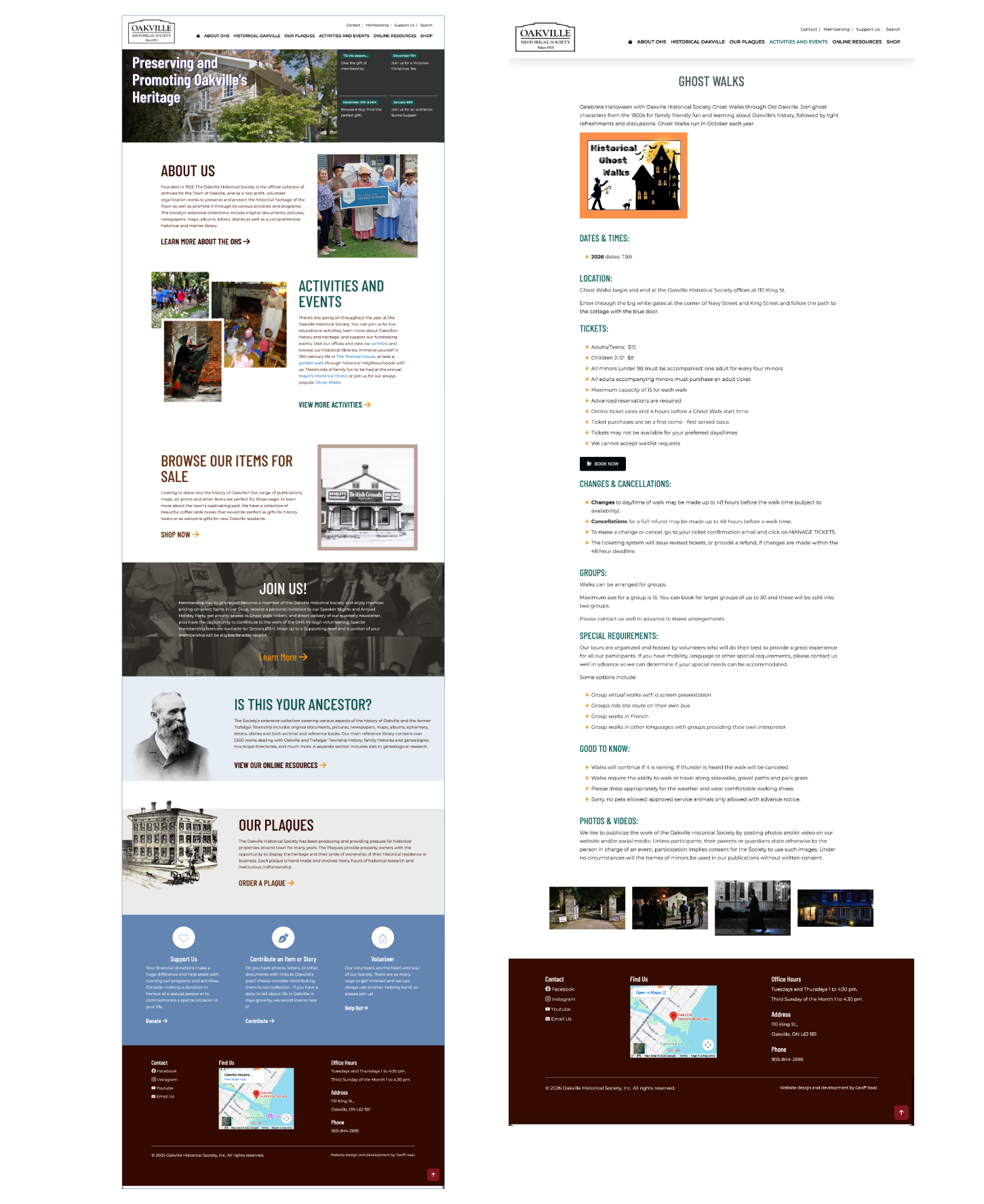 Two screenshots side by side showing new oakville historical website