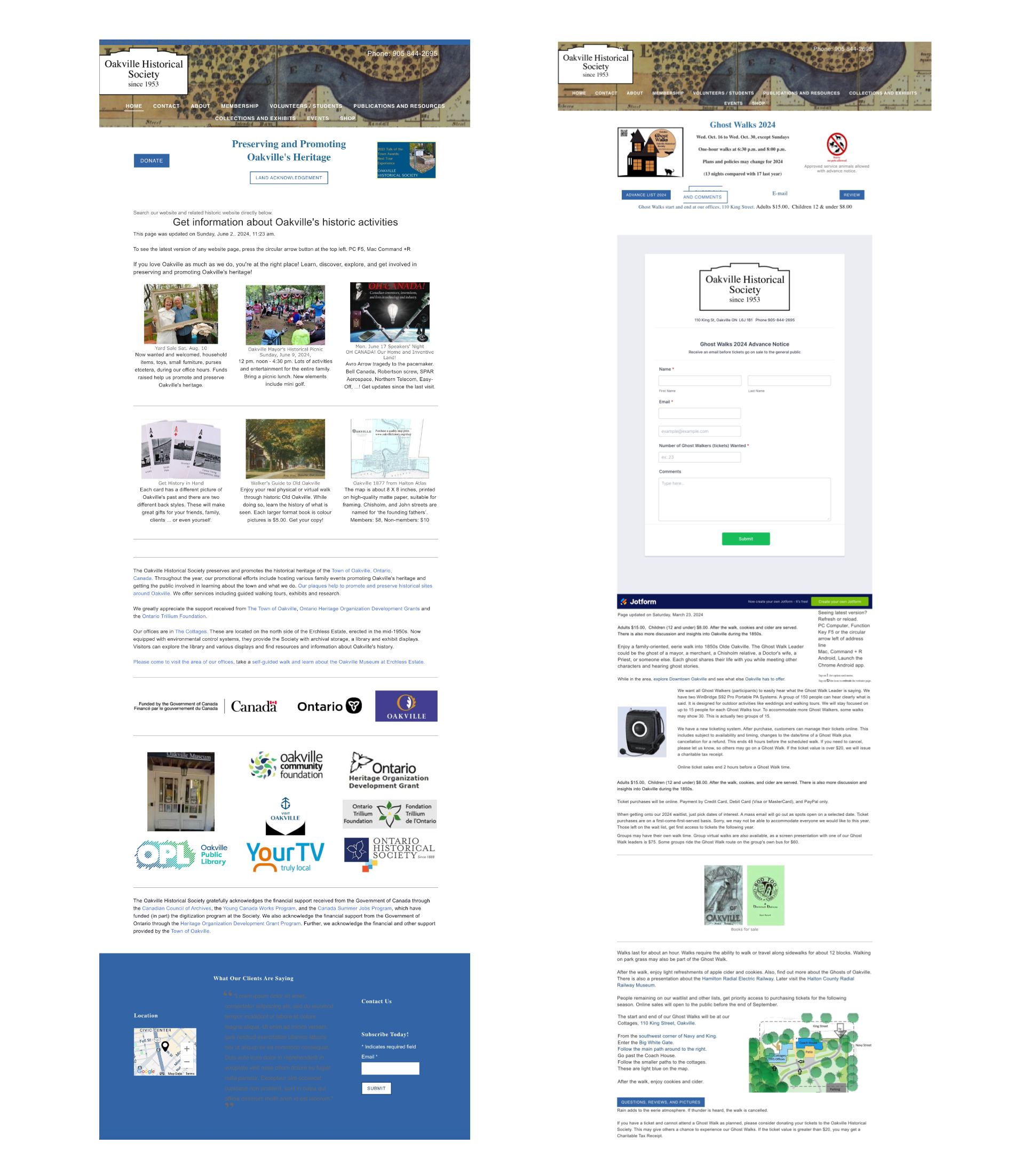 two website screenshots side by side showing original Oakville Historical society website