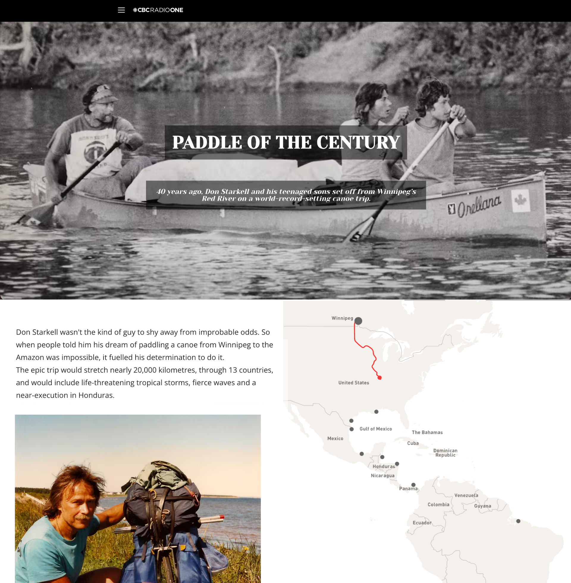 Paddle of the Century screenshot of webpage with black and white photo three men in canoe, map underneath on right hand side and text and photo on left. 