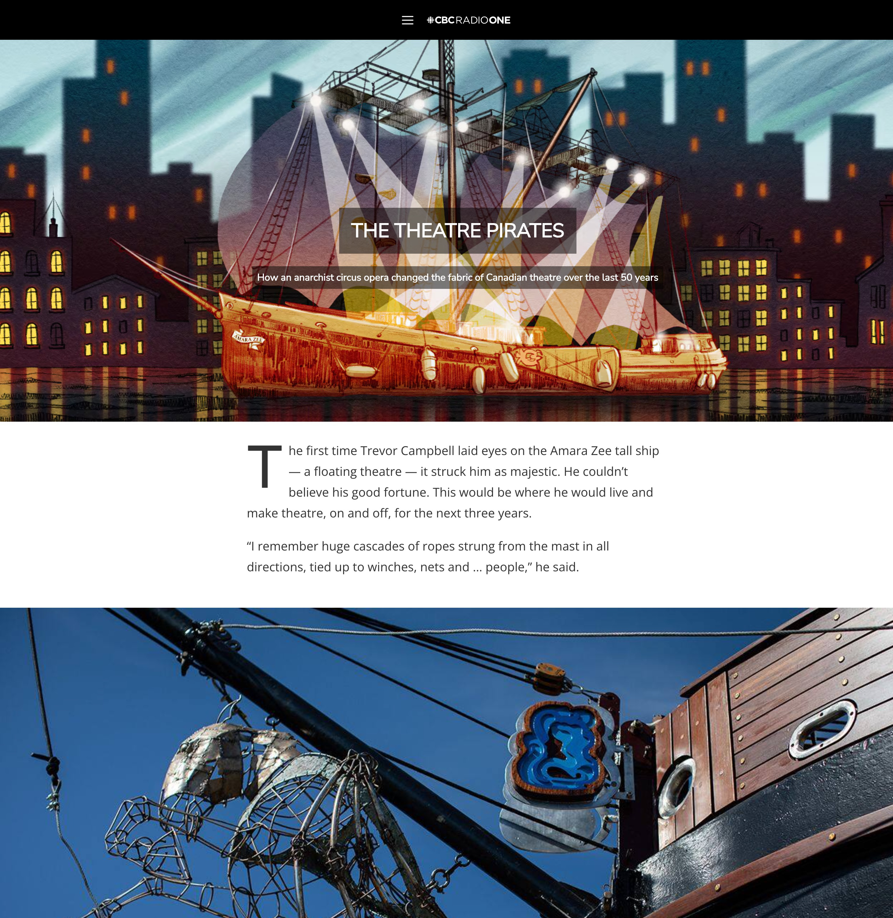 Theatre Pirates desktop view page. Illustration of a ship against a city lit by spotlights. 