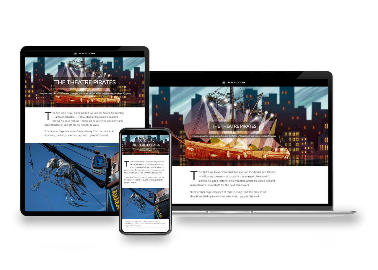 Tablet, mobile phone and desktop views of Theatre Pirates